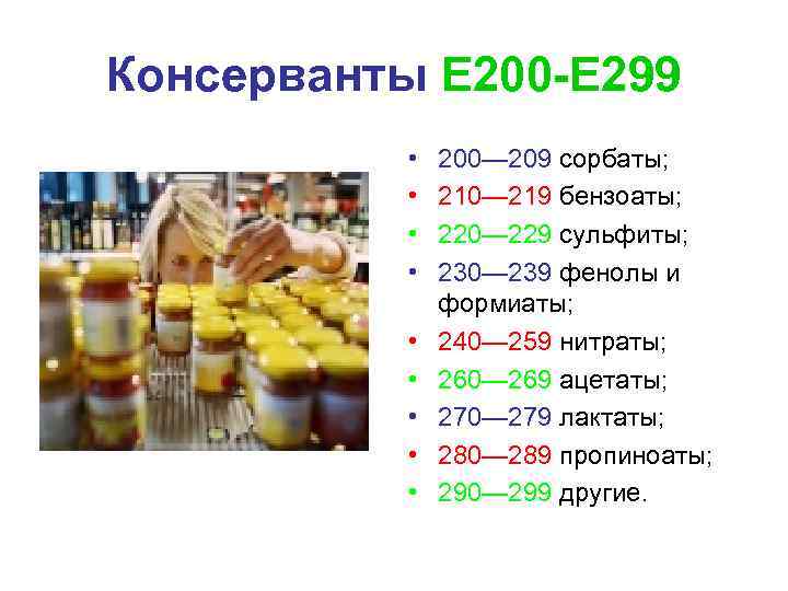 Консерванты Е 200 -Е 299 • • • 200— 209 сорбаты; 210— 219 бензоаты;