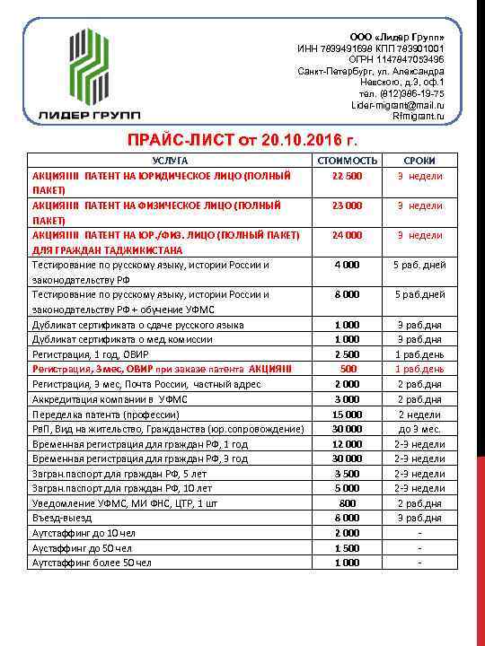 ООО «Лидер Групп» ИНН 7839491698 КПП 783901001 ОГРН 1147847053496 Санкт-Петербург, ул. Александра Невского, д.
