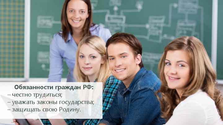 Обязанности граждан РФ: – честно трудиться; – уважать законы государства; – защищать свою Родину.