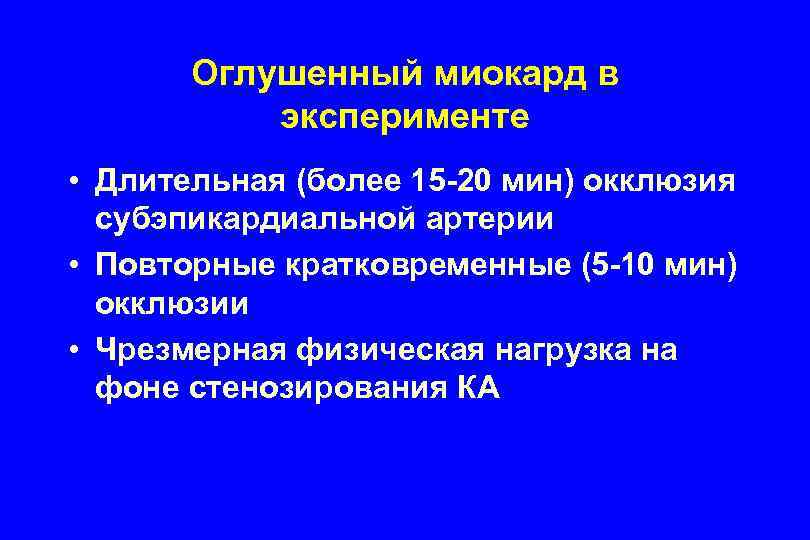 Оглушенный миокард в эксперименте • Длительная (более 15 -20 мин) окклюзия субэпикардиальной артерии •