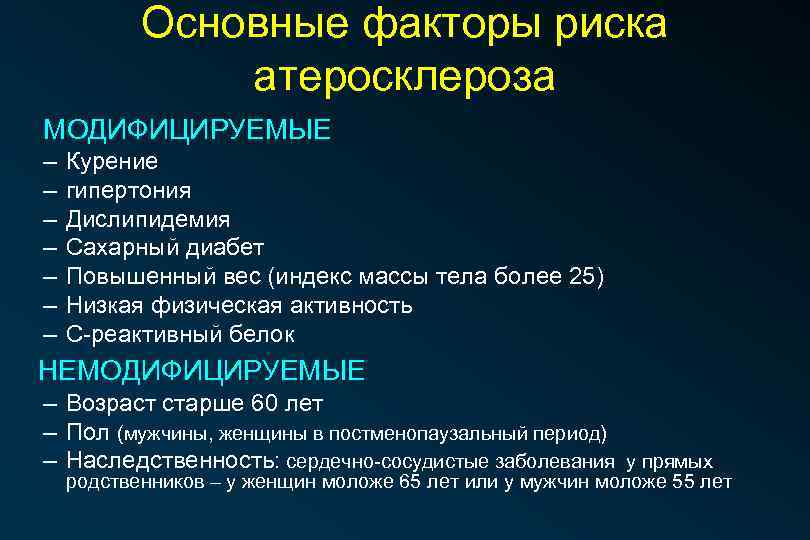 Основные факторы риска атеросклероза МОДИФИЦИРУЕМЫЕ – – – – Курение гипертония Дислипидемия Сахарный диабет