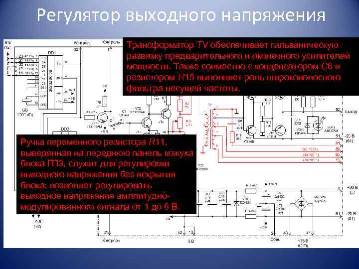 Регулятор выходного напряжения Трансформатор TV обеспечивает гальваническую развязку предварительного и оконечного усилителей мощности. Также