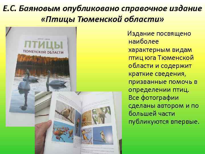 Е. С. Баяновым опубликовано справочное издание «Птицы Тюменской области» Издание посвящено наиболее характерным видам