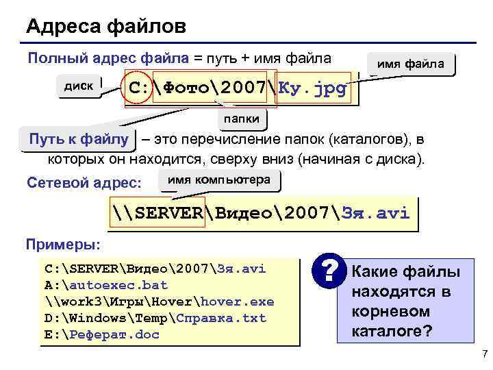 Адреса файлов Полный адрес файла = путь + имя файла диск имя файла C: