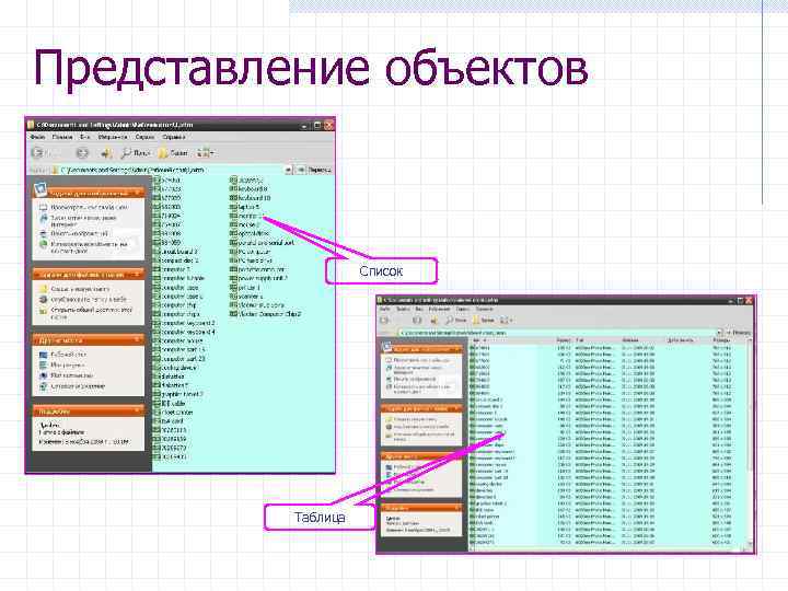 Представление объектов Список Таблица 