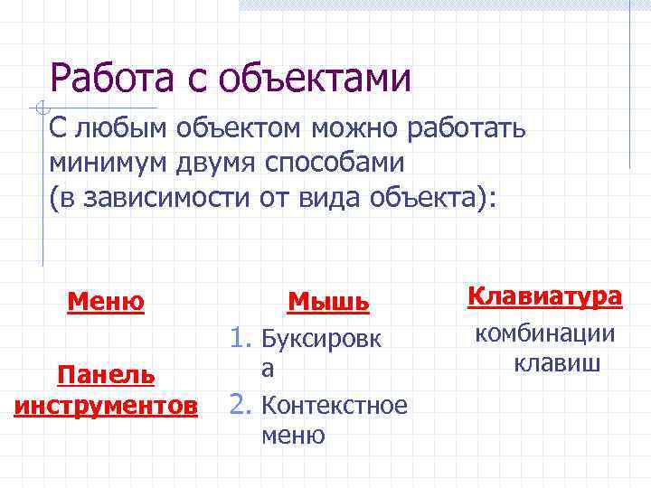 Работа с объектами С любым объектом можно работать минимум двумя способами (в зависимости от