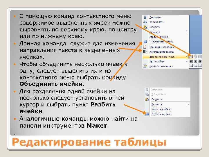 Как с помощью команды. Команда контекстного меню. Контекстное меню направление текста. Пункты контекстного меню. Какие команды редактирование ячеек.