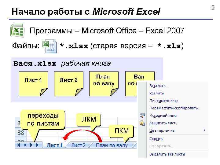 5 Начало работы с Microsoft Excel Программы – Microsoft Office – Excel 2007 Файлы: