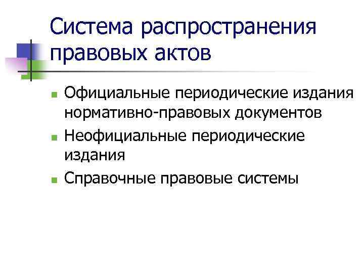 Система распространения правовых актов n n n Официальные периодические издания нормативно-правовых документов Неофициальные периодические