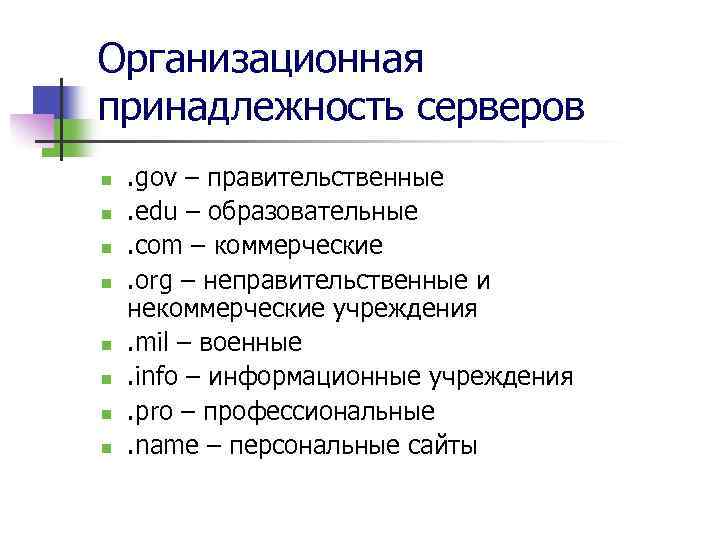 Организационная принадлежность серверов n n n n . gov – правительственные. edu – образовательные.