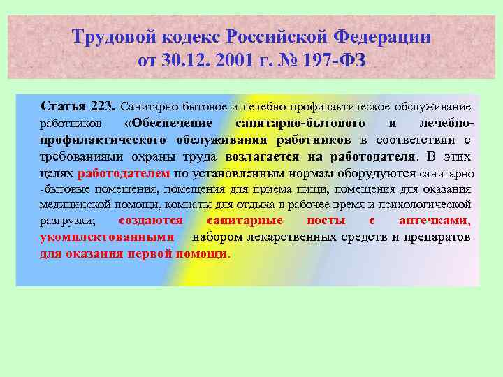 Организация санитарно бытового обслуживания работников. Ст 223 ТК РФ. Санитарно-бытовое обеспечение. Санитарно бытовое и лечебное обслуживание работников.