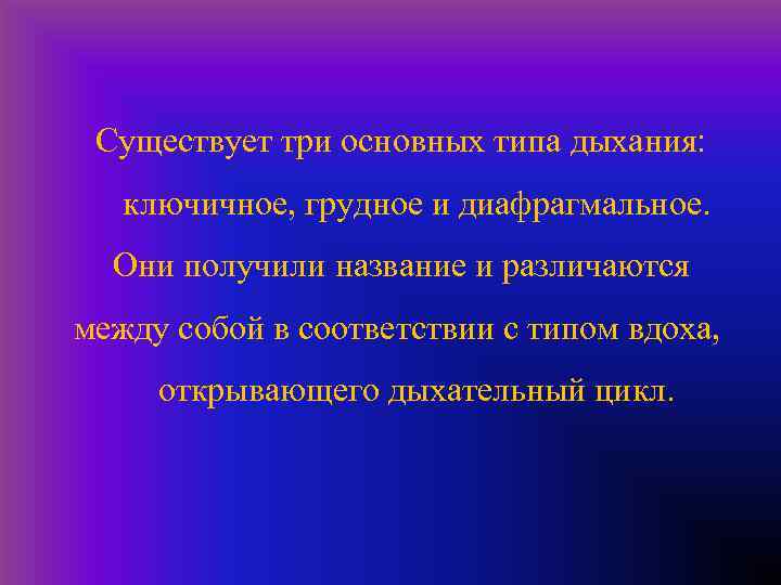  Существует три основных типа дыхания: ключичное, грудное и диафрагмальное. Они получили название и