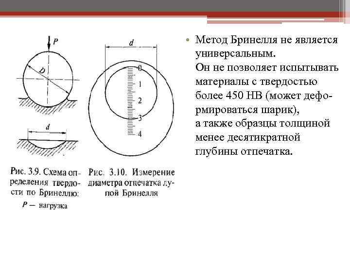  • Метод Бринелля не является универсальным. Он не позволяет испытывать материалы с твердостью