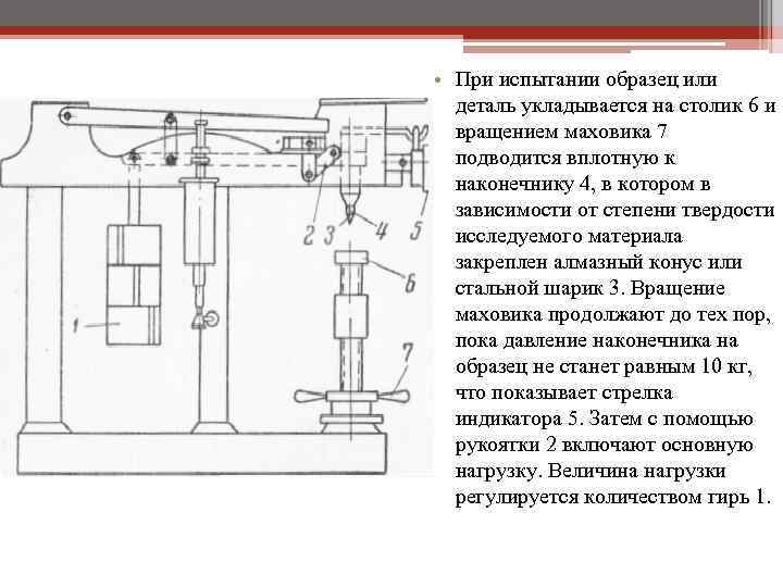  • При испытании образец или деталь укладывается на столик 6 и вращением маховика