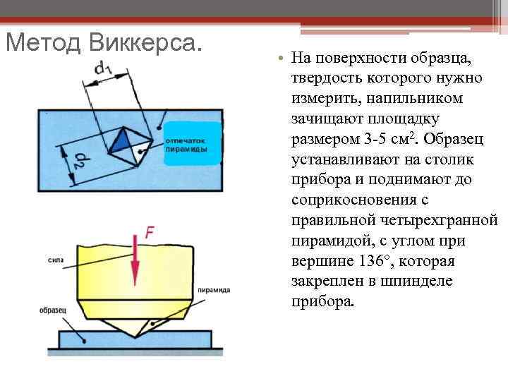 Метод Виккерса. • На поверхности образца, твердость которого нужно измерить, напильником зачищают площадку размером