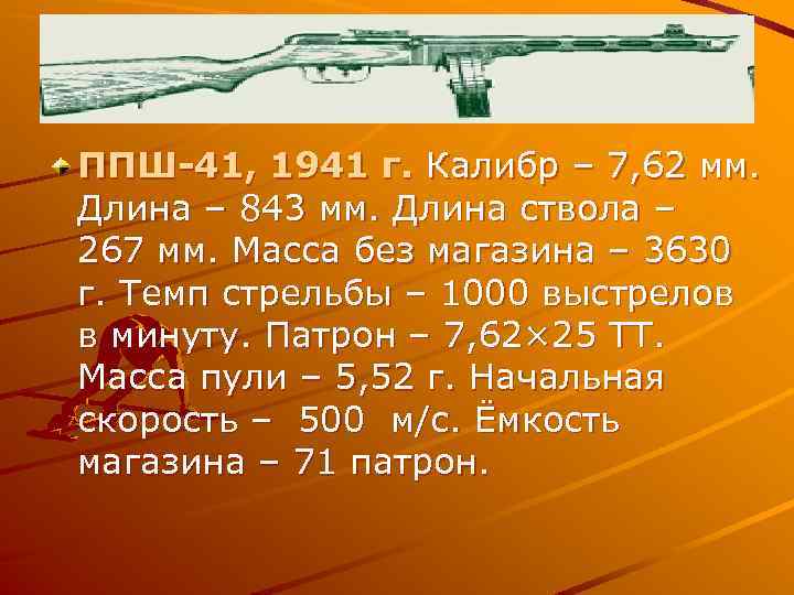 ППШ-41, 1941 г. Калибр – 7, 62 мм. Длина – 843 мм. Длина ствола