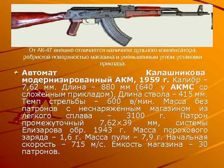 От АК-47 внешне отличается наличием дульного компенсатора, ребристой поверхностью магазина и уменьшенным углом установки