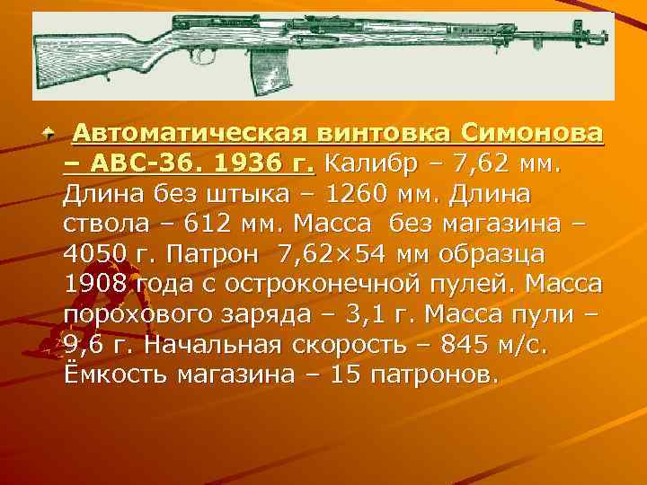  Автоматическая винтовка Симонова – АВС-36. 1936 г. Калибр – 7, 62 мм. Длина
