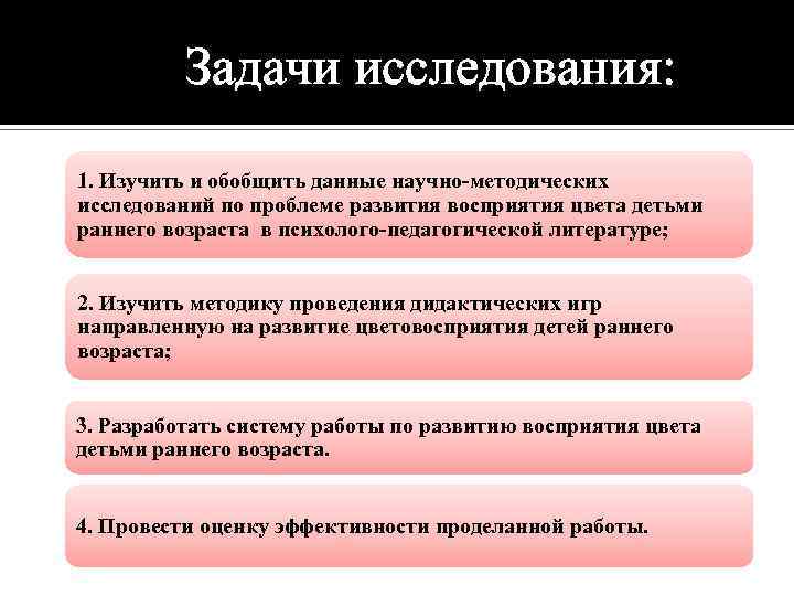 Задачи исследования: 1. Изучить и обобщить данные научно-методических исследований по проблеме развития восприятия цвета
