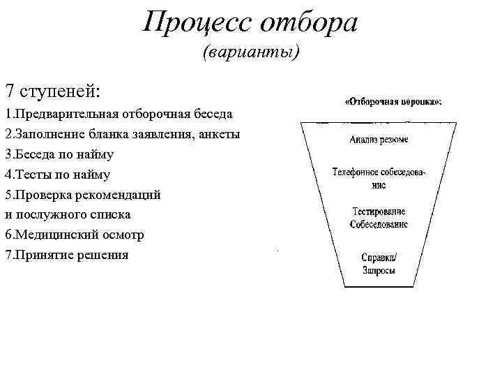 Процесс отбора (варианты) 7 ступеней: 1. Предварительная отборочная беседа 2. Заполнение бланка заявления, анкеты