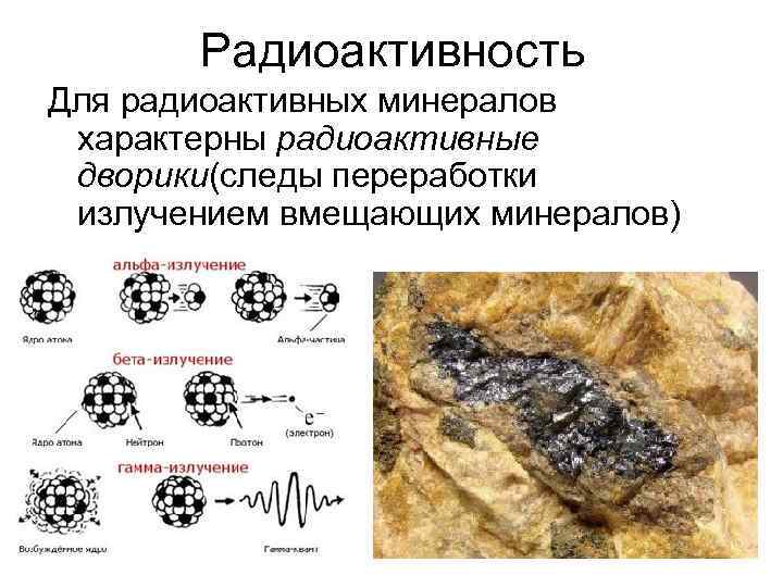 Радиоактивность Для радиоактивных минералов характерны радиоактивные дворики(следы переработки излучением вмещающих минералов) 