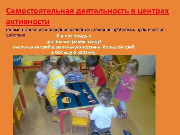 Самостоятельная деятельность в центрах активности (элементарное исследование вариантов решения проблемы, практические действия Я в