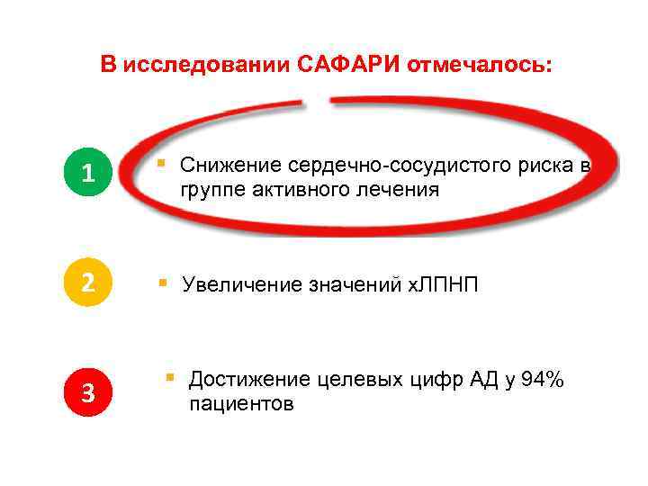 В исследовании САФАРИ отмечалось: 1 § Снижение сердечно-сосудистого риска в 2 § Увеличение значений