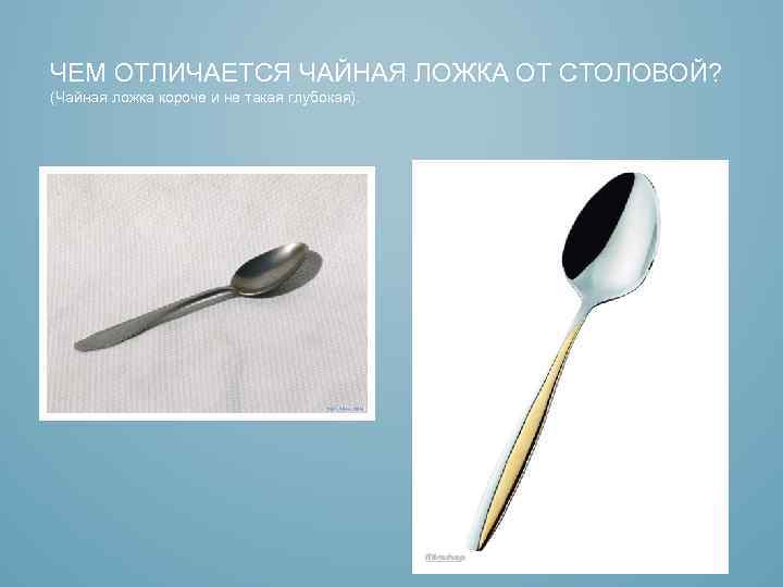 ЧЕМ ОТЛИЧАЕТСЯ ЧАЙНАЯ ЛОЖКА ОТ СТОЛОВОЙ? (Чайная ложка короче и не такая глубокая). 