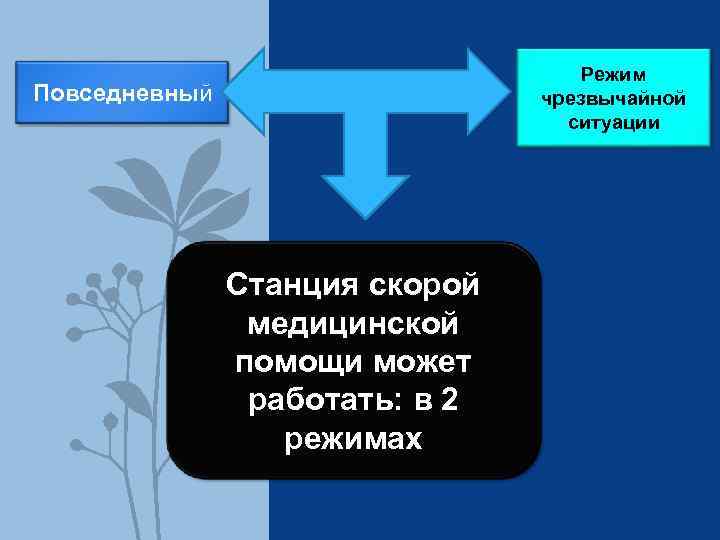 Режим чрезвычайной ситуации Повседневный Станция скорой медицинской помощи может работать: в 2 режимах 