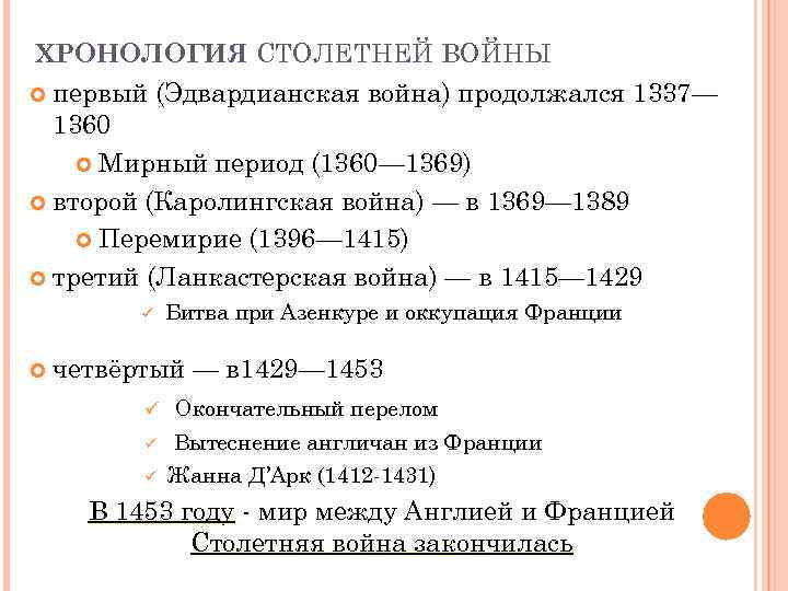 Исторический портрет столетней войны по примерному плану хронологические рамки причины участники