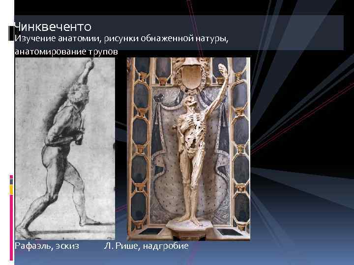 Чинквеченто Изучение анатомии, рисунки обнаженной натуры, анатомирование трупов Рафаэль, эскиз Л. Рише, надгробие 