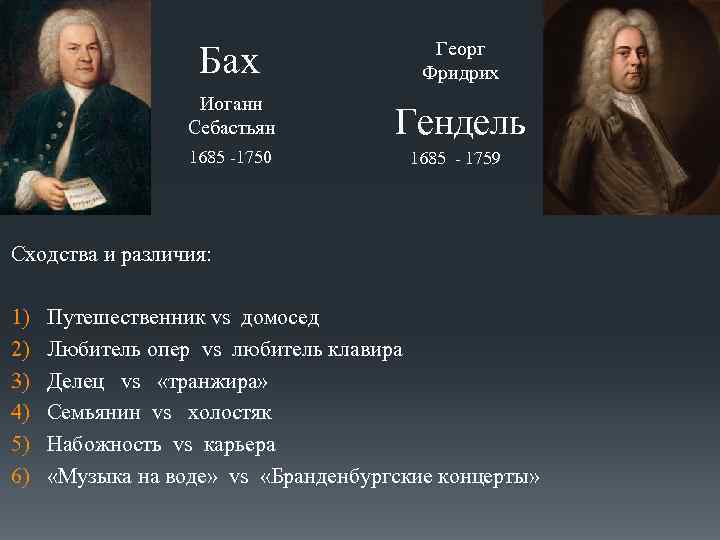 Бах Георг Фридрих Иоганн Себастьян Гендель 1685 -1750 1685 - 1759 Сходства и различия: