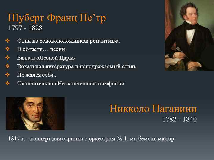 Шуберт Франц Пе’тр 1797 - 1828 v v v Один из основоположников романтизма В