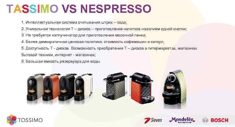 TASSIMO VS NESPRESSO 1. Интеллектуальная система считывания штрих – кода; 2. Уникальная технология Т