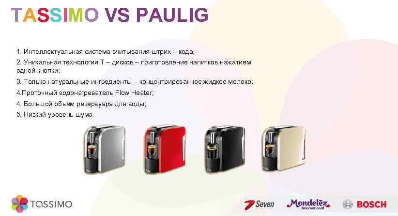 TASSIMO VS PAULIG 1. Интеллектуальная система считывания штрих – кода; 2. Уникальная технология Т