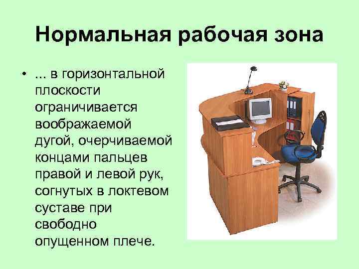 Нормальная рабочая зона • . . . в горизонтальной плоскости ограничивается воображаемой дугой, очерчиваемой