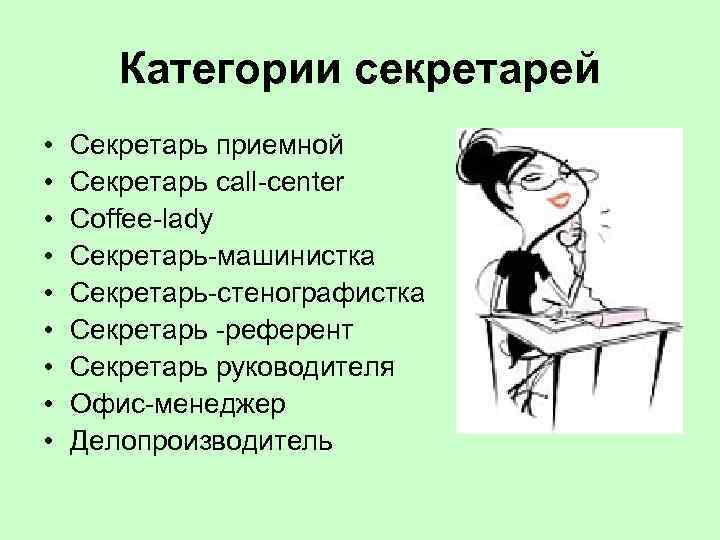 Категории секретарей • • • Секретарь приемной Секретарь сall-center Coffee-lady Секретарь-машинистка Секретарь-стенографистка Секретарь -референт