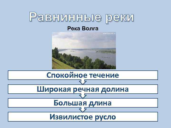 Равнинные реки Река Волга Спокойное течение Широкая речная долина Большая длина Извилистое русло 