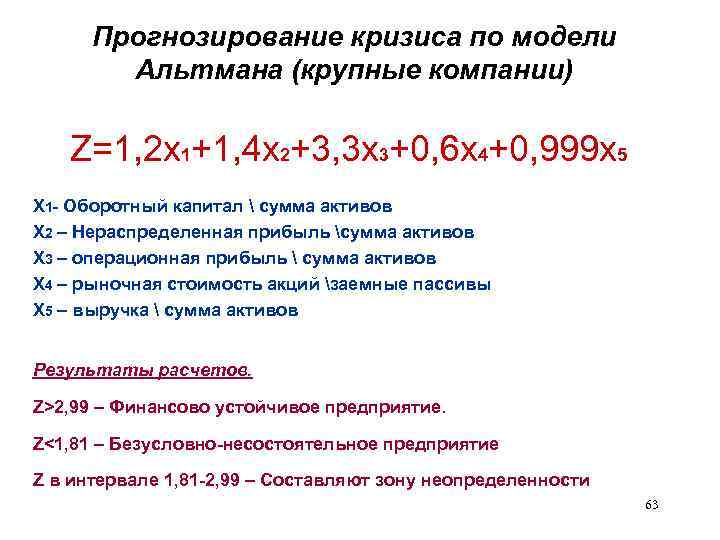 Прогнозирование кризиса по модели Альтмана (крупные компании) Z=1, 2 x 1+1, 4 x 2+3,
