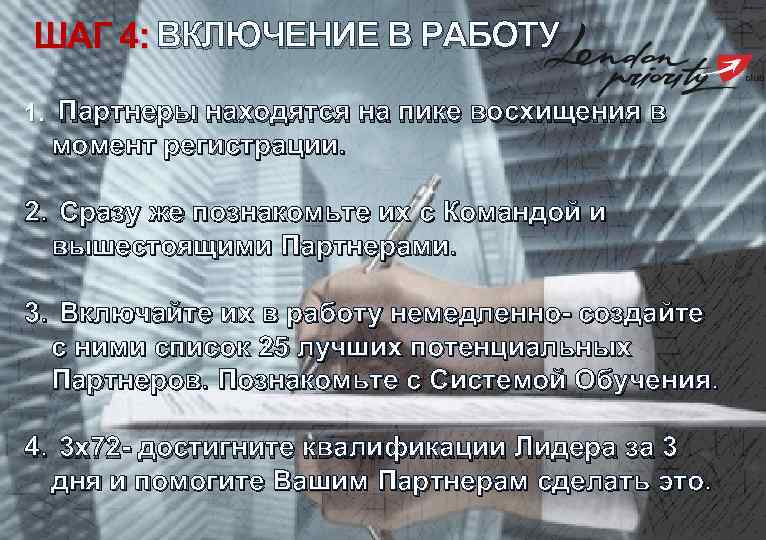 ШАГ 4: ВКЛЮЧЕНИЕ В РАБОТУ 1. Партнеры находятся на пике восхищения в момент регистрации.