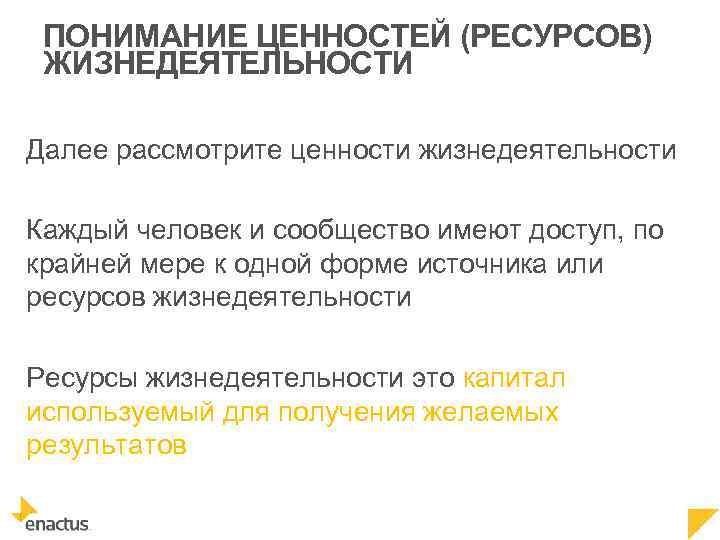 ПОНИМАНИЕ ЦЕННОСТЕЙ (РЕСУРСОВ) ЖИЗНЕДЕЯТЕЛЬНОСТИ Далее рассмотрите ценности жизнедеятельности Каждый человек и сообщество имеют доступ,