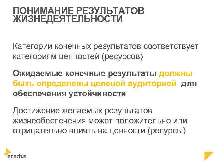 ПОНИМАНИЕ РЕЗУЛЬТАТОВ ЖИЗНЕДЕЯТЕЛЬНОСТИ Категории конечных результатов соответствует категориям ценностей (ресурсов) Ожидаемые конечные результаты должны