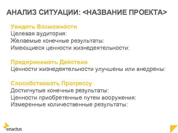 АНАЛИЗ СИТУАЦИИ: <НАЗВАНИЕ ПРОЕКТА> Увидеть Возможности Целевая аудитория: Желаемые конечные результаты: Имеющиеся ценности жизнедеятельности: