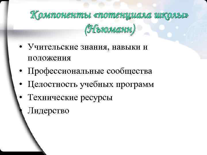 Компоненты «потенциала школы» (Ньюманн) • Учительские знания, навыки и положения • Профессиональные сообщества •