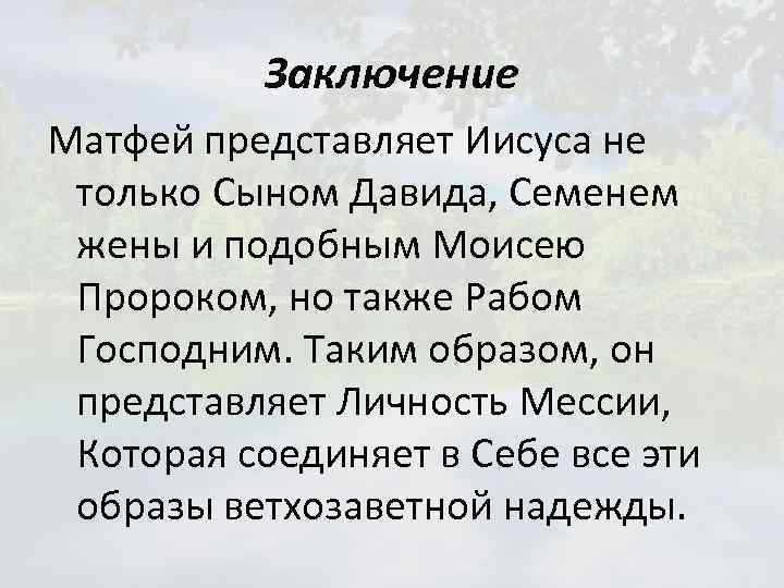 Заключение Матфей представляет Иисуса не только Сыном Давида, Семенем жены и подобным Моисею Пророком,