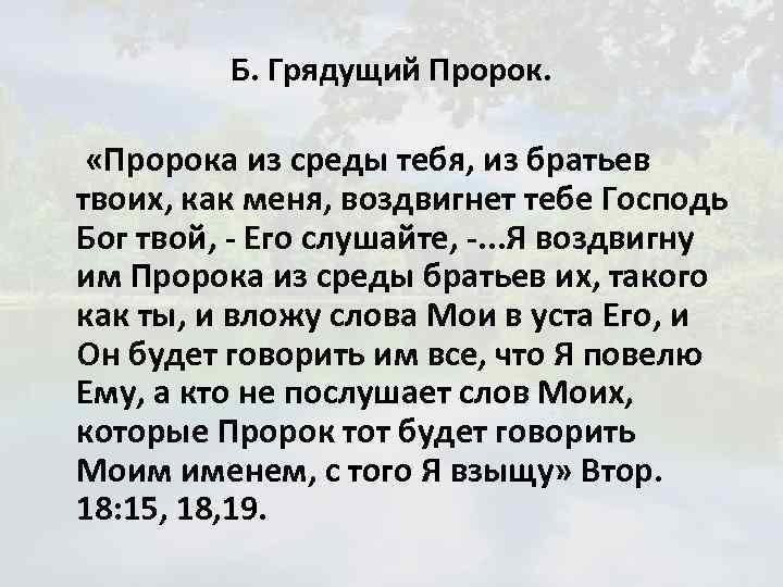 Б. Грядущий Пророк. «Пророка из среды тебя, из братьев твоих, как меня, воздвигнет тебе