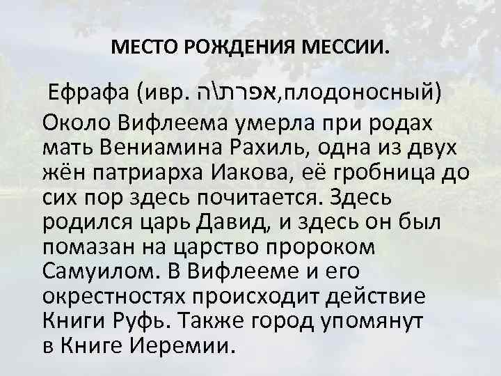 МЕСТО РОЖДЕНИЯ МЕССИИ. Ефрафа (ивр. , אפרתה плодоносный) Около Вифлеема умерла при родах мать