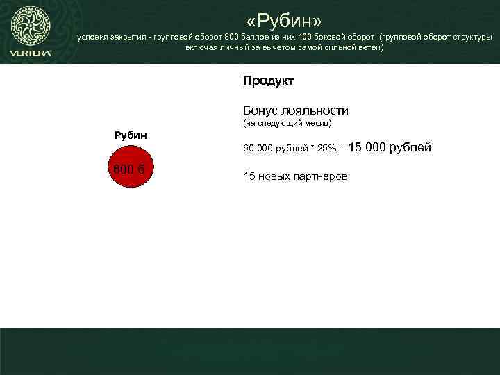  «Рубин» условия закрытия - групповой оборот 800 баллов из них 400 боковой оборот
