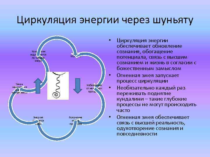 Циркуляция энергии через шуньяту Кундалини поднимается по чакрам вверх Шуньята Чакры наполняются новыми программами