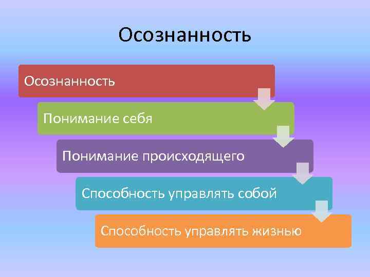 Осознанность Понимание себя Понимание происходящего Способность управлять собой Способность управлять жизнью 